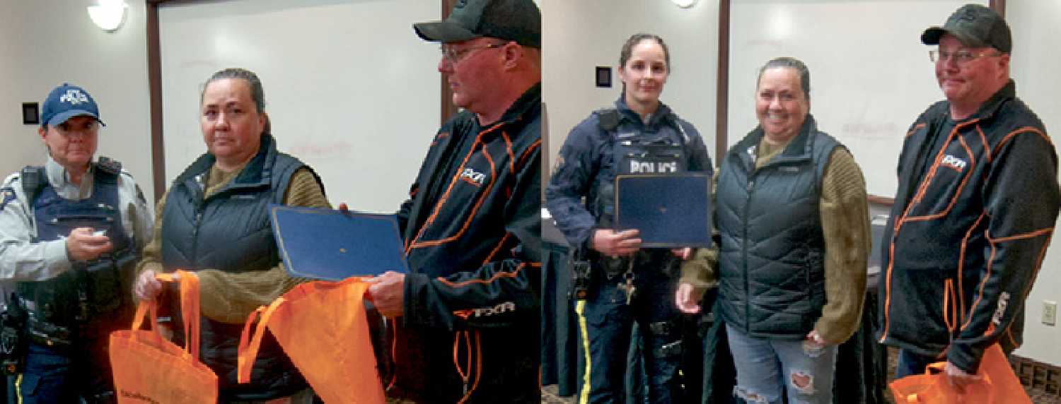 Left: Quentin and Michelle Wilson of MADD Kipling present Cst. Trina Brace with the MADD Canada Van de Vorst Family Award. Right, Cst. Bella Pomeroy receives a  MADD Canada Van de Vorst Family Award from Quentin and Michelle Wilson of MADD Kipling.